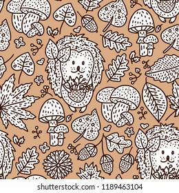 Cozy fall hand drawn vector seamless pattern. Autumn doodle detailed illustration with little cute hedgehog and fall leaves.
