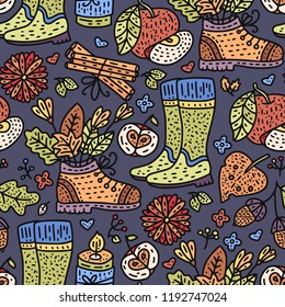 Cozy fall hand drawn vector seamless pattern. Autumn doodle detailed illustration.