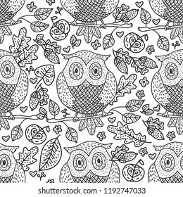 Cozy fall hand drawn vector seamless pattern. Autumn outline forest doodle detailed illustration with cartoon owl.