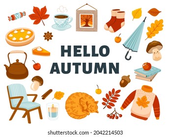 Cozy fall hand-drawn vector illustration. Sleeping cat, warm sweater, umbrella, pumpkin pie. Cute cartoon elements with text space. Autumn poster concept with copyspace, template.