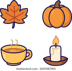 Cozy fall icon set featuring leaf, mug, pumpkin, and candle. Flat warm tone perfect for autumn content and seasonal design.
