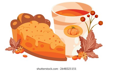 Cozy fall illustration with pumpkin pie slice, pumpkin spice drink, autumn leaves, and berries. Perfect for seasonal designs, warm-toned graphics, and festive Thanksgiving content.
