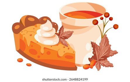 Cozy fall illustration with pumpkin pie slice, pumpkin spice drink, autumn leaves, and berries. Perfect for seasonal designs, warm-toned graphics, and festive Thanksgiving content.
