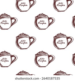 Cozy fall inspired vector seamless pattern featuring whimsical coffee mugs with the phrase hello pumpkin