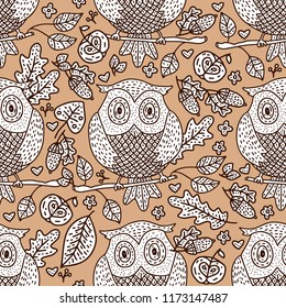 Cozy fall outline hand drawn vector seamless pattern. Autumn forest doodle detailed illustration with cartoon owl.