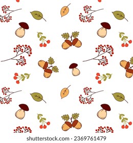 cozy fall pattern featuring acorns, mushrooms, berries, and leaves. Vector.