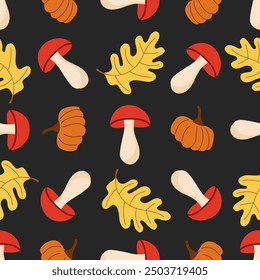 Cozy fall pattern of mushrooms, yellow leaves and pumpkins on black background. Vector seamless pattern. Fall autumn design for fabric, textile, wallpapers, scrapbooking, wrapping paper in flat style.