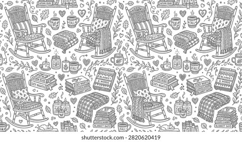 Cozy Fall Pattern with Rocking Chairs, Blankets, Books, and Coffee Mugs in Black and White Line Art. Seamless Autumn Illustration for Coloring or Textile Design.