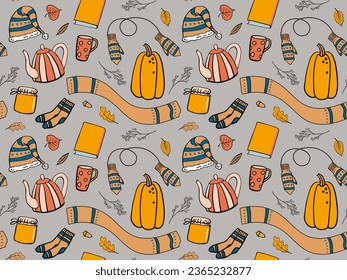 Cozy fall seamless pattern with pumpkin, teapot, scarf, hat, mittens, socks, book. Doodle color autumn vector decoration for wallpapers, textile, wrapping, package season designs.