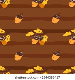 Cozy fall seamless vector pattern with oak leaves, acorns and forest elements. Perfect for woodland-inspired textiles, wrapping, and childrens clothing.
