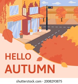 Cozy fall season social media post mockup. Hello autumn phrase. Web banner design template. Celebrate autumn holidays booster, content layout with inscription. Poster, print ads and flat illustration