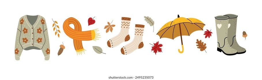 Cozy fall set. Autumn clothes, socks, sweater, rubber boots, scarf, umbrella. Autumn simple illustration on white isolated background. 