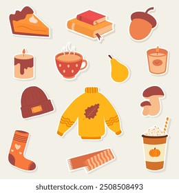 Cozy fall sticker set. Cute hand-drawn autumn elements. Isolated vector icons. Books, hot drink, scarf, socks, candle, pie etc. 