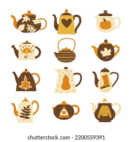 Cozy fall teapots flat vector illustration set. Autumn hugge concept. Halloween and thanksgiving elements and symbols collection.