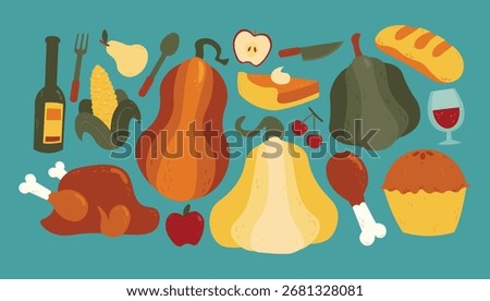 Cozy fall and thanksgiving set with turkey, pumpkin, corn, pies, fruits, cutleries, and wine. Perfect for thanksgiving, fall, seasonal, dinner, warm design project. 