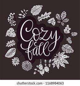 Cozy fall vector illustration. Autumn vector lettering card with handdrawn quotes and cozy doodle fall clip arts. Cozy fall - detailed card.