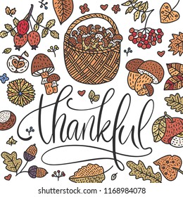 Cozy fall vector illustration. Autumn vector lettering card with handdrawn quotes and cozy doodle fall clip arts. Thankful detailed card on a white background. Happy thanksgiving day.