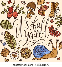 Cozy fall vector illustration. Autumn vector lettering card with handdrawn quotes and cozy doodle fall clip arts. detailed card.