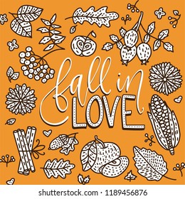 Cozy fall vector illustration. Autumn vector lettering card with handdrawn quotes and cozy doodle fall clip arts. Fall in love outline detailed card.