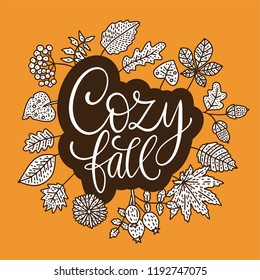 Cozy fall vector illustration. Autumn vector lettering card with handdrawn quotes and cozy doodle fall clip arts. Cozy fall - detailed card.