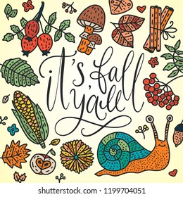 Ilustración vectorial de caída acogedora. Tarjeta vectorial de otoño con citas hechas a mano y acogedoras imágenes prediseñadas de caída de doodle. Es otoño - carta detallada con caracol, maíz, rowan, champiñón y hojas de otoño.