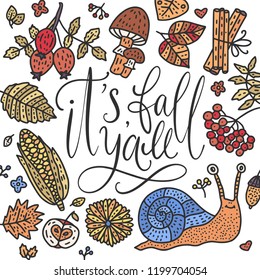 Cozy fall vector illustration. Autumn vector lettering card with handdrawn quotes and cozy doodle fall clip arts. It's fall yall - detailed card with snail, corn, rowan, mushroom and autumn leaves.