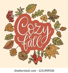 Cozy fall vector illustration. Autumn vector lettering card with handdrawn quotes and cozy doodle fall clip arts. Cozy fall - detailed card.