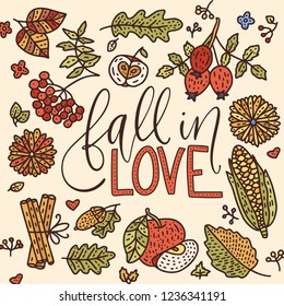 Cozy fall vector illustration. Autumn vector lettering card with handdrawn quotes and cozy doodle fall clip arts. Fall in love detailed card.