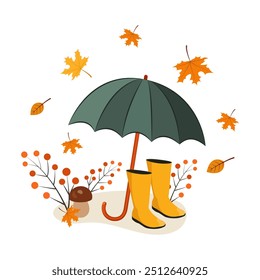 Cozy fall vector illustration on white background with umbrella, rubber boots, mushroom, fall leaves and berries.