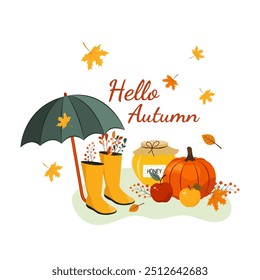 Cozy fall vector illustration on white background. Hello Autumn lettering. Umbrella, rubber boots, honey, pumpkin, apples, bouquet.