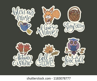 Cozy fall vector lettering set. Hand drawn autumn quotes with hand drawn cartoon doodle illustrations - owl, mushrooms, squirrel and others.