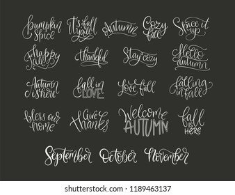 Cozy Fall Vector Lettering Set. Hand Drawn Autumn Quotes. Big Autumn Lettering Collection With Positive Hand Drawn Quotes.