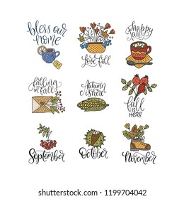 Cozy fall vector lettering set. Hand drawn autumn quotes with hand drawn cartoon doodle clip arts - envelope, leaves, ashberry, dog-rose and others.