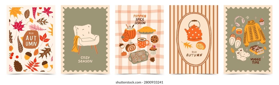 Cozy Fall vintage poster set with hand drawn autumn leaves, armchair, pumpkin spice bakery, teapot, sweater, and decorative frames. Trendy printable cozy holiday wall art collection for autumn celebration, greeting cards, banners, and flyers. Vector illustration