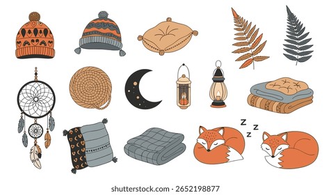 Cozy fall winter collection featuring warm knitwear cushions dreamcatchers foxes and lanterns