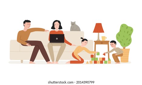 Cozy Family Gathering In Living Room Vector Illustration. Flat Style Smiling Parents And Kids At Home. Children Playing, Mother With Laptop And Father Sit On Couch. Happy Close People Together Concept