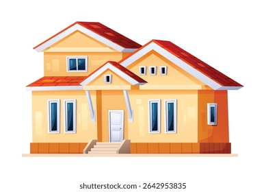 Cozy family house with a red roof and yellow walls, featuring a welcoming entrance. Vector cartoon illustration