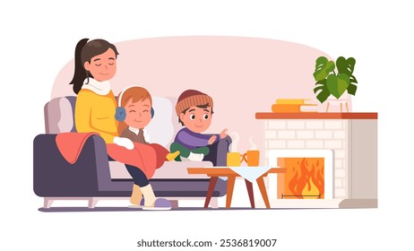 Momento familiar acolhedor pela lareira, desfrutando de calor em casa na estação de inverno, relaxamento com bebidas quentes, roupas quentes de inverno, ambiente interior tranquilo. Ilustração de vetor de caractere plano