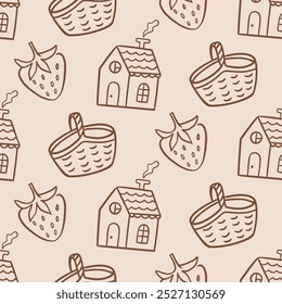 Cozy Farmhouse Autumn Doodle Sketch Icons Seamless Pattern Background. Winter Houses Design Elements Fabric Print Vector Illustration Tiny Town Vintage Retro Style