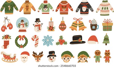 Cozy and festive Christmas elements. Hand drawn vector illustrations of Christmas bells, candy cane, elves, ornament, reindeer, Santa Claus, snowflake, snowman, stocking, ugly sweaters and more.