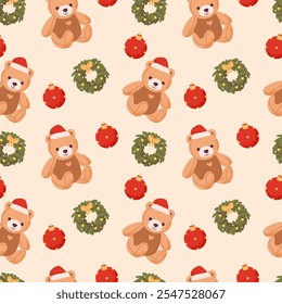 A cozy, festive Christmas pattern featuring teddy bears and wreaths for the holiday season. Seamless pattern for Wrapped in gifts and decor.