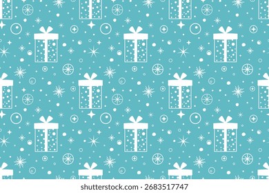 Gemütliche festliche nahtlose Muster. Weihnachten, Neujahr. Geschenkbox mit Band und Schneeflocken auf blauem Hintergrund. Flaches Vektordesign. Für Tapeten, Textilien, Verpackungen, Hintergründe oder Websites.