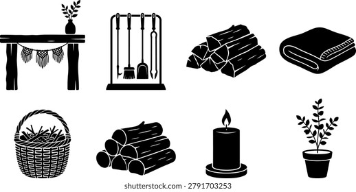 Cozy fireplace accessories and winter decor elements vector set