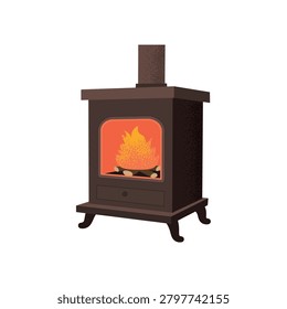 Cozy fireplace with burning fire in textured hand drawn style isolated on white background. Warm autumn home illustration.