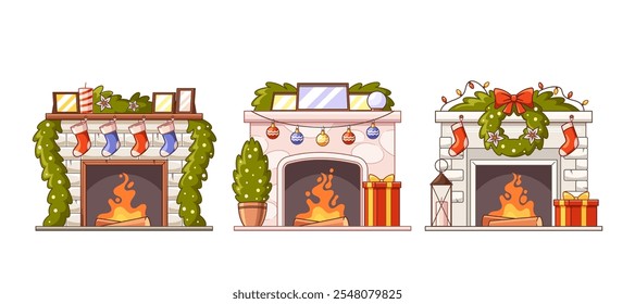 Cozy fireplace decorated with festive ornaments for Christmas eve and New Year celebration