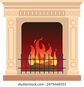 Cozy fireplace glowing hearth warm wooden logs ornate mantel rustic living room ambiance elemental warmth. Decorative stone frame traditional setting classic home design inviting comforting blaze