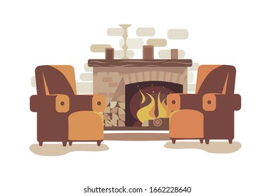 Cozy Fireplace At Home Vector Illustration. Comfortable Chimney Place With Fire And Soft Arm-chairs Flat Style Concept. Photos And Candlestick On Mantelpiece. Homely Corner For Relaxation