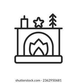 Cozy Fireplace Icon. Vector Outline Editable Isolated Sign of a Warm Hearth Adorned with Festive Christmas Decorations and Glowing Fire.