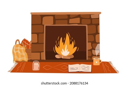 Cozy fireplace isolated on white background. Reading nook near fireplace concept. Vector flat illustration