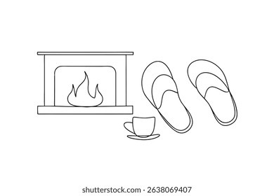 Cozy fireplace scene line drawing with coffee and sandals